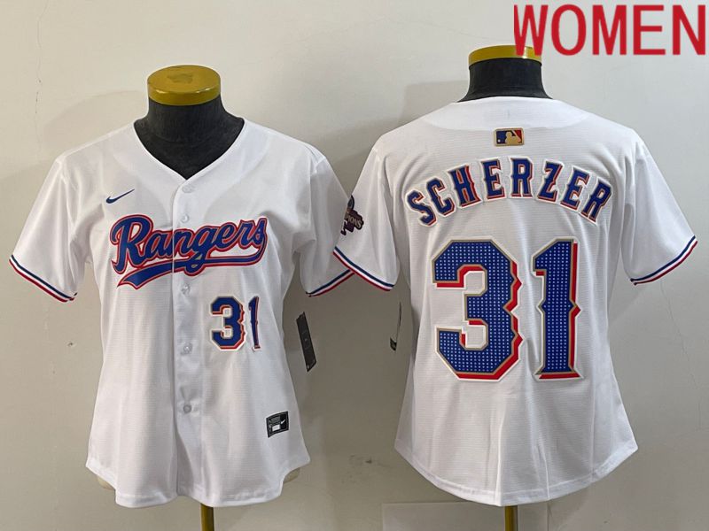 Women Texas Rangers 31 Scherzer White Champion Game Nike 2024 MLB Jersey style 2